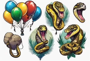 african python with colored ballons from movie up! aside and te-fiti stone on the other side tattoo idea