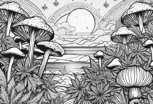 Minimal line art of cannabis buds with. Mushrooms sproutingIncorporate the solar cycle and lunar cycle. Add crystals tattoo idea