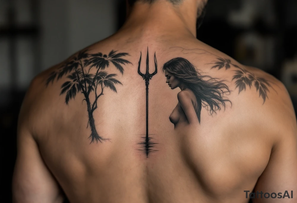trident half way under calm water at sunset with topless woman tattoo idea