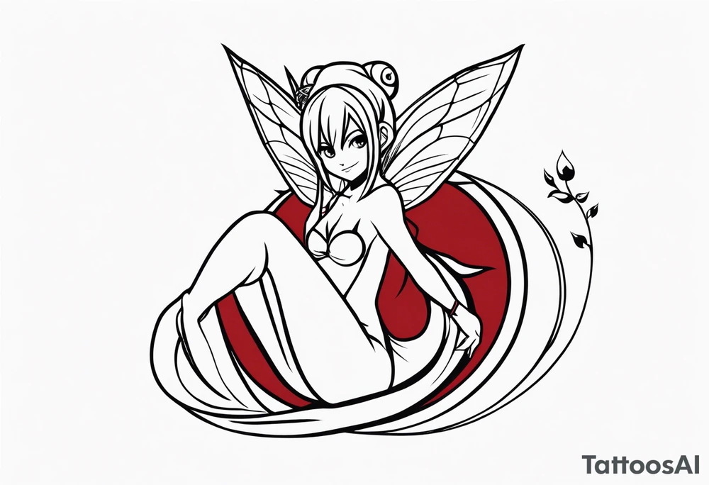 A fairy with a tail inspired by the logo of the show called Fairy Tail in a fetal position leaning in tattoo idea