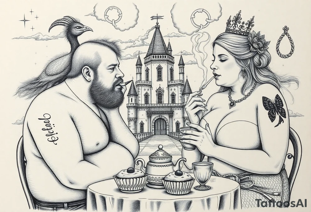 Naked Man and fat woman having sex eating cupcakes and  fruit  having sexy naked fat lady having a tea party with tea pots  swith fancy castle  
with mystical  aries a pigs, peacock,  lion, goat, noose and smoking cigerettes looking in the mirror thru storm clouds and broken hearts and darkness and wrath, envy , gluttony, greed, sloth, pride . Gothic tattoo idea