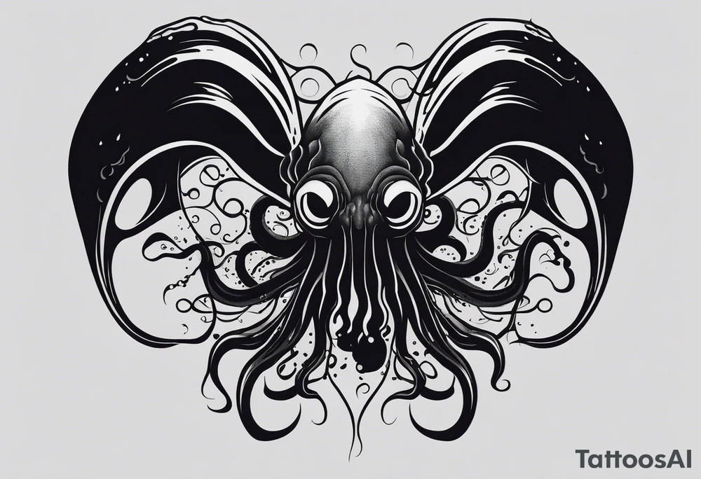A visual representation of the horror squid concept, showing the squid becoming invisible in ink, its body turning black to blend in with its deep sea environment. The overall environment is dark, creating an eerie underwater atmosphere. tattoo idea