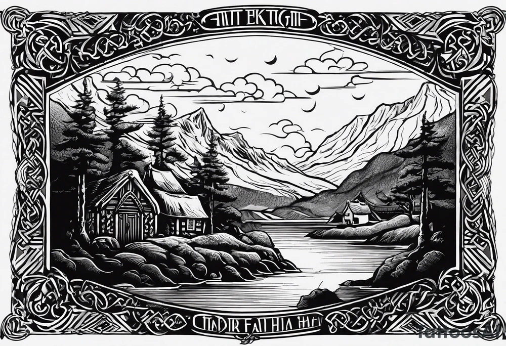 Design me a tattoo for an upper left arm half sleeve, with the script "Áit éigin taobh thall den farraige, áit éigin ag fanacht dom" and I was thinking originally to be over a coast scene (image uploaded) from a special place. Make it in the style of Viking or celtic designs incorporated into the design with a rune, but the text is a must tattoo idea