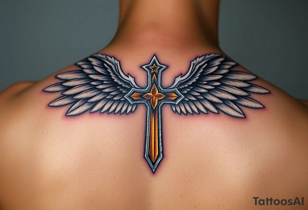 A silver gothic cross with large angelic wings, softly shaded in white and gray, glowing with divine golden light tattoo idea