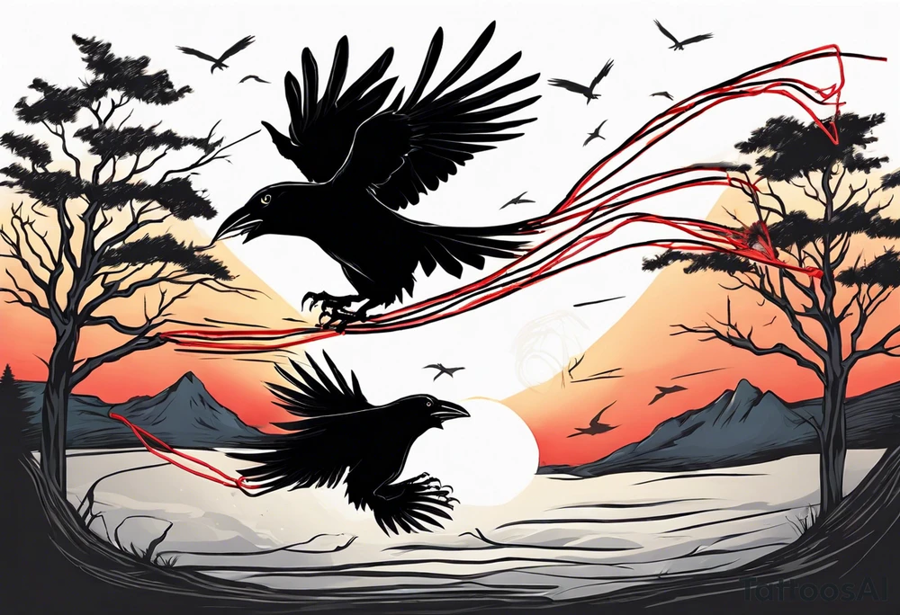 Two black crows flying into the sunset as they carry one long red string between them. tattoo idea