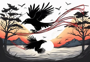 Two black crows flying into the sunset as they carry one long red string between them. tattoo idea