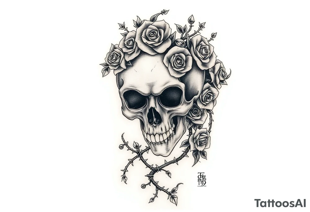 gothic skull intertwined with climbing roses and thorny vines tattoo idea