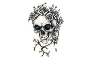 gothic skull intertwined with climbing roses and thorny vines tattoo idea