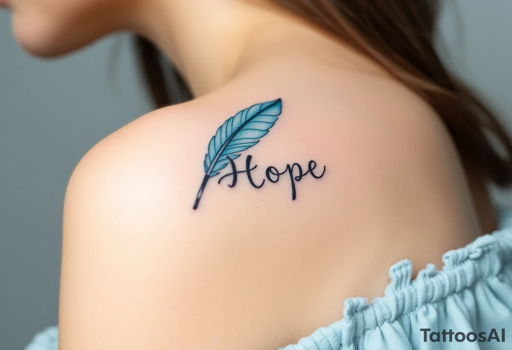 A delicate white and baby blue feather, softly blending into a cloud-like texture, with the word "Hope" inscribed in calligraphy, evoking purity and new beginnings tattoo idea