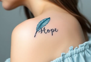 A delicate white and baby blue feather, softly blending into a cloud-like texture, with the word "Hope" inscribed in calligraphy, evoking purity and new beginnings tattoo idea