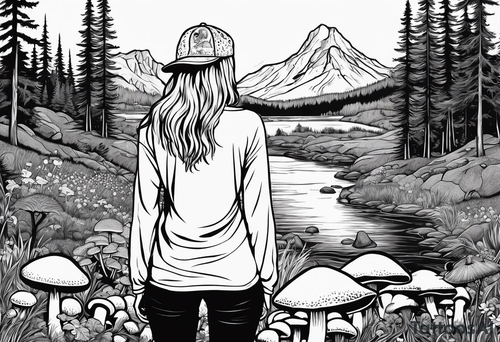 Whole picture encircled fully

Straight long blonde hair hippie girl in distance holding mushrooms in hand facing away toward mountains and creek surrounded by mushrooms long sleeve shirt and hiking pants; whole rendering within a full circle, no cut off circle tattoo idea