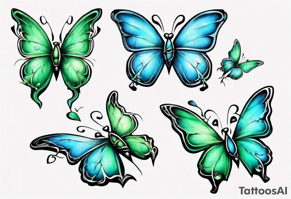 4 small blue and green butterflies, with 4 small 3D hearts, light in color, with some sort of vine intertwining them. tattoo idea