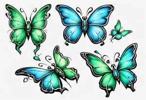 4 small blue and green butterflies, with 4 small 3D hearts, light in color, with some sort of vine intertwining them. tattoo idea