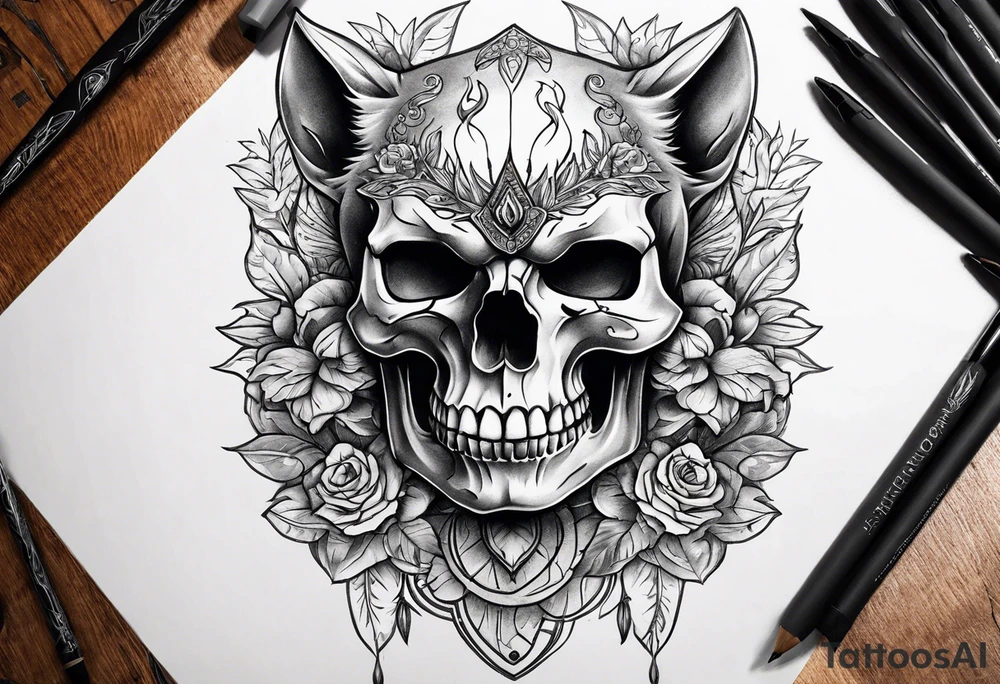 Skull with wolf on top tattoo idea