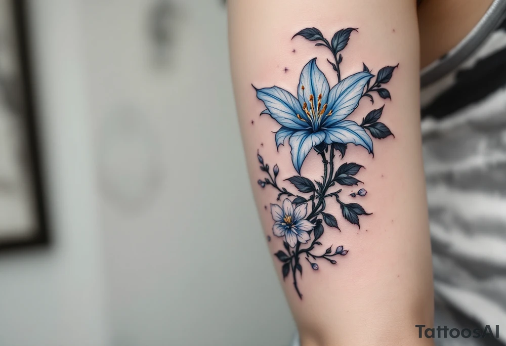 blue spider lily from the anime demon slayer and Cherry Blossoms wrapped around the arm tattoo idea