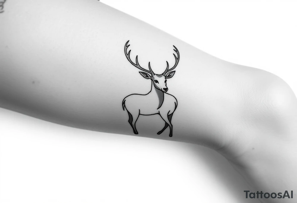 Can you make me a mock up tattoo of a deer on a human shin, I want the tattoo to capture the innocence, attentiveness, and the beauty of the deer. Keep it simple and minimalist and have the antlers wrapping around from the shin to the sides of the calf tattoo idea