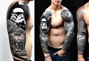 Full arm sleeve tattoo extending from shoulder to wrist featuring themes of Star Wars, Lord of the Rings, and DC comics tattoo idea