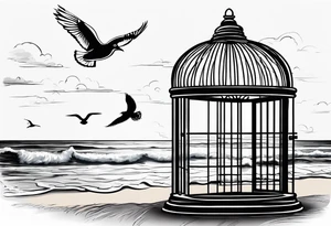 A birdcage with an open door, a seagull flying out
, on the beach, with the words be free tattoo idea