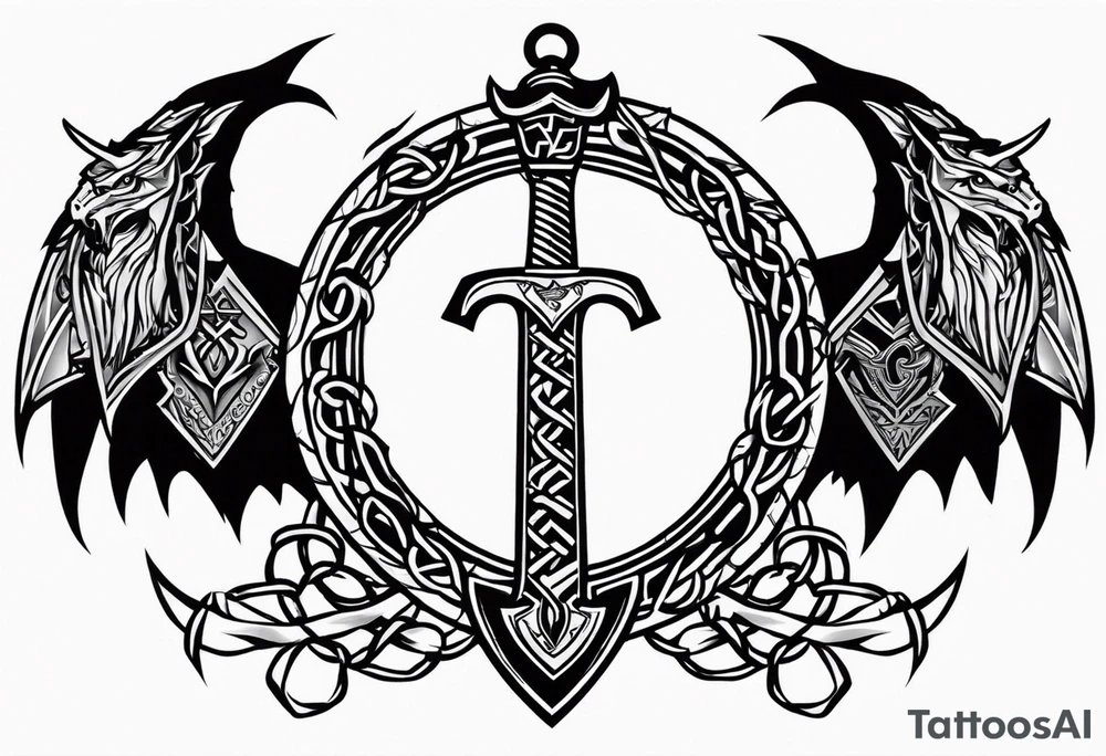 Valhalla sword shield dragon axe Valknut barbed wire chains tribal tattoo idea