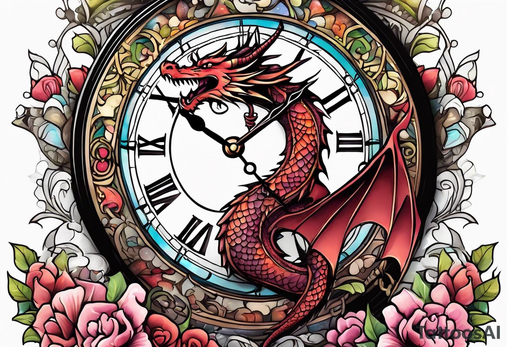 Dragon kawaii , clock, cross tattoo idea