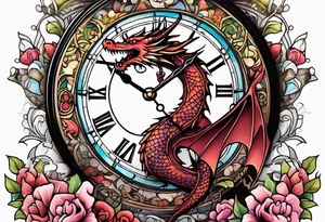 Dragon kawaii , clock, cross tattoo idea