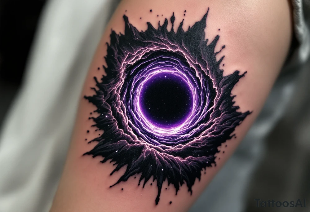 A black hole pulling in cosmic debris, with stunning detail in jet black, ultraviolet purple, and glowing white edges. tattoo idea