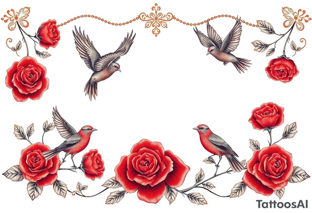 Vintage lace, red roses, red birds, vintage tattoo idea