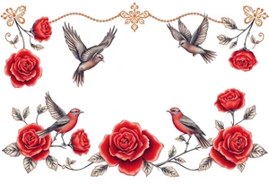 Vintage lace, red roses, red birds, vintage tattoo idea