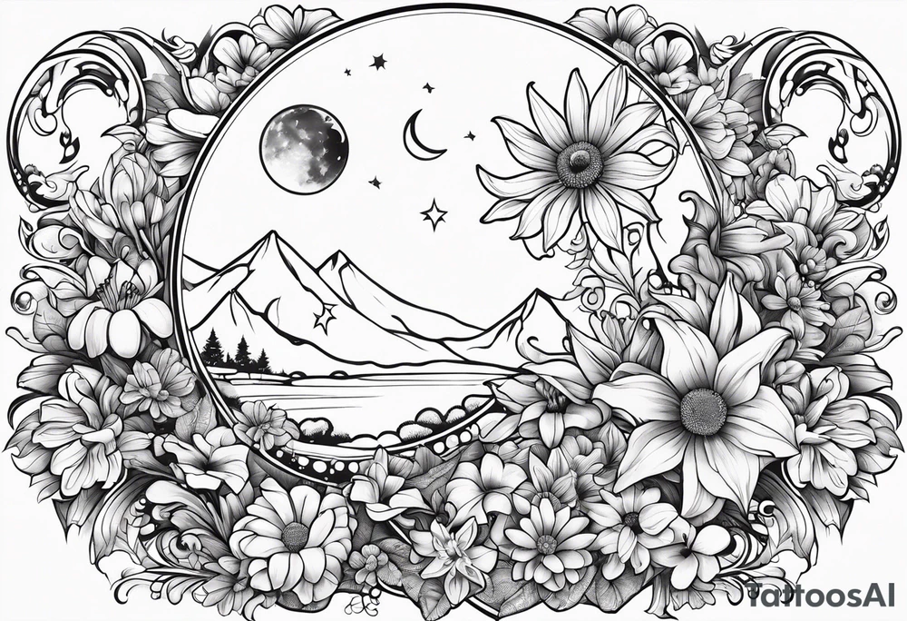 Crescent moon with daisy's, lily’s, crystals, and mushrooms tattoo idea