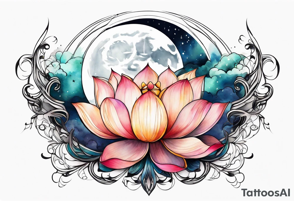 Moon surrounded by ribbons of smoke that dissolve into a lotus tattoo idea