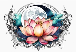 Moon surrounded by ribbons of smoke that dissolve into a lotus tattoo idea