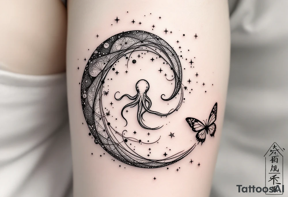 A minimalist dotwork tattoo design in the shape of a spiral galaxy. In the center, a small octopus is subtly integrated into the swirl, with flowing tentacles that extend along the spiral arms. The tentacles transform into elegant, curving lines resembling the flowing tails of koi or betta fish, partially in black ink and partially in fine red lines. Small stars are scattered throughout the galaxy shape, and two delicate butterflies hover near the edges. Style: cosmic abstraction, dotwork, fine line, with elements of Japanese graphic tattoo flow, minimalist, octopus psychedelic dotwork sacred geometry sleeve tattoo idea
