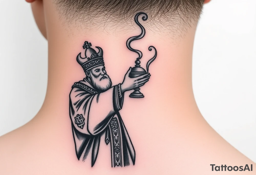 Russian Orthodox Priest in a fully detailed gold vestment swinging a censer with smoke curling upward tattoo idea