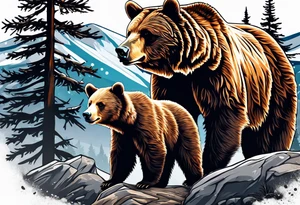Momma bear and teen cub in the mountains tattoo idea