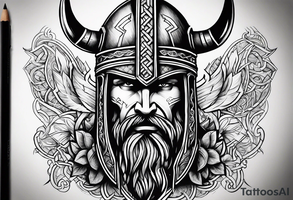 Lightning with the word tetellestai and a Viking helmet tattoo idea