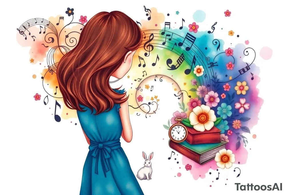 Back view of the silhouette of a brown hair girl in a blue dress. She is following a small white rabbit towards a magical colorful swirl of music notes, books, and flowers. A pocket watch is at the end of the swirl. tattoo idea