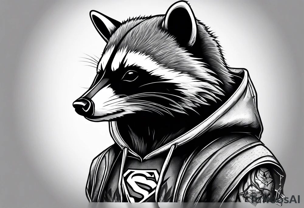 raccoon wearing a Superman hoodie tattoo idea
