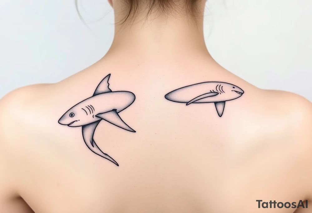 one lemon shark and one whale shark swimming laterally up the spine tattoo idea