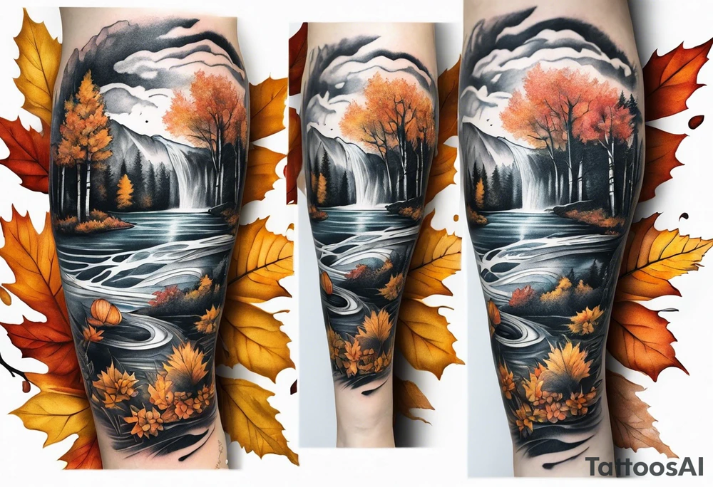 Knee tattoo in fall colors with water flow washes tattoo idea