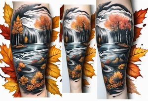 Knee tattoo in fall colors with water flow washes tattoo idea