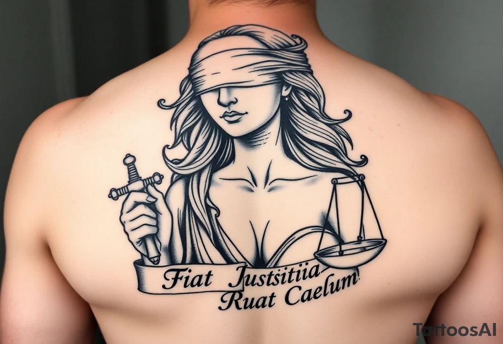 A striking black and grey tattoo design of a regal, blindfolded woman, symbolizing justice. She has an air of strength and wisdom, with flowing hair and a serene yet powerful expression. One breast must be exposed, representing vulnerability and truth. She holds a sword in one hand, symbolizing enforcement of justice, and a set of scales in the other, signifying balance. The Latin phrase ‘Fiat Justitia Ruat Caelum’ is elegantly inscribed in a classical, Roman-inspired font, either flowing beneath her or wrapping around the design. The overall style is a fusion of realism and fine-line tattoo artistry, with intricate shading and dramatic contrasts to give depth and texture tattoo idea