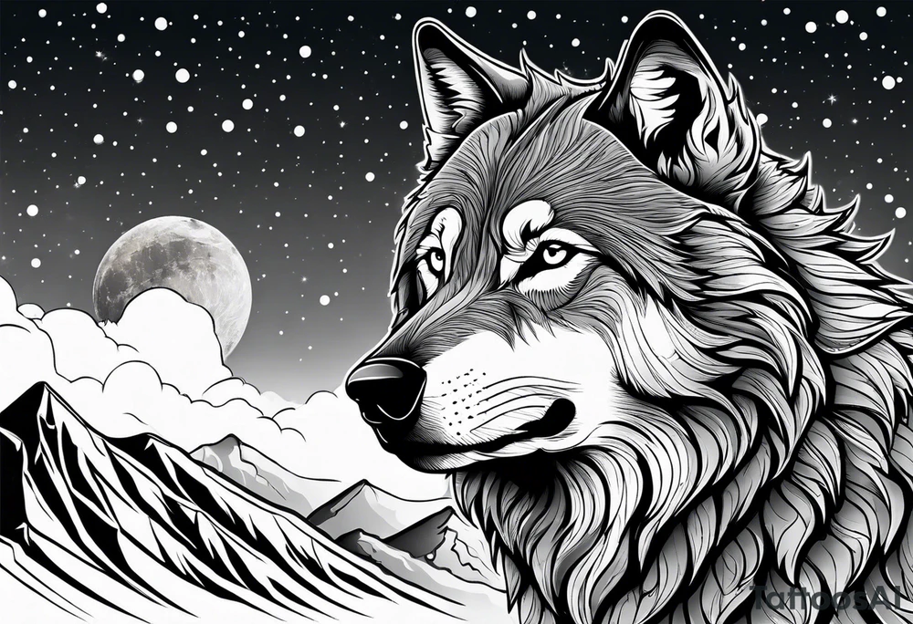 Wolf head in front of snowy mountains howling at a moon tattoo idea