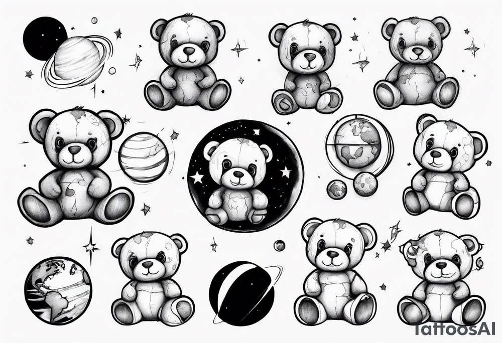 Teddy bear planets tattoo idea