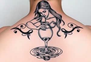 Beautiful female water bearer pouring an urn of water that flows into a pool of water tattoo idea