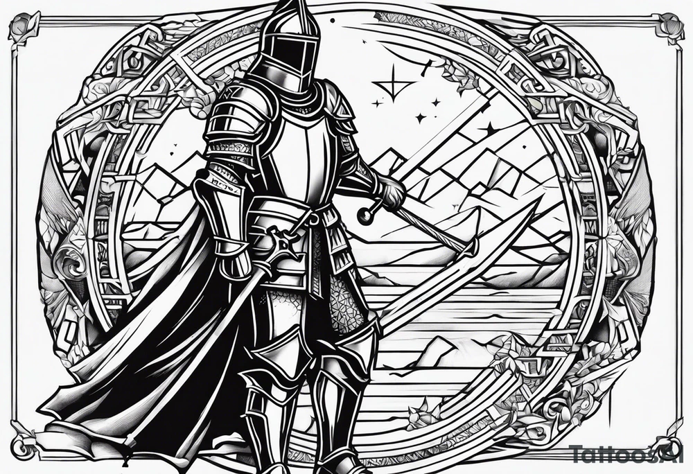 starts with a line then says the word “knight” in the middle and ends with a line at the end tattoo idea