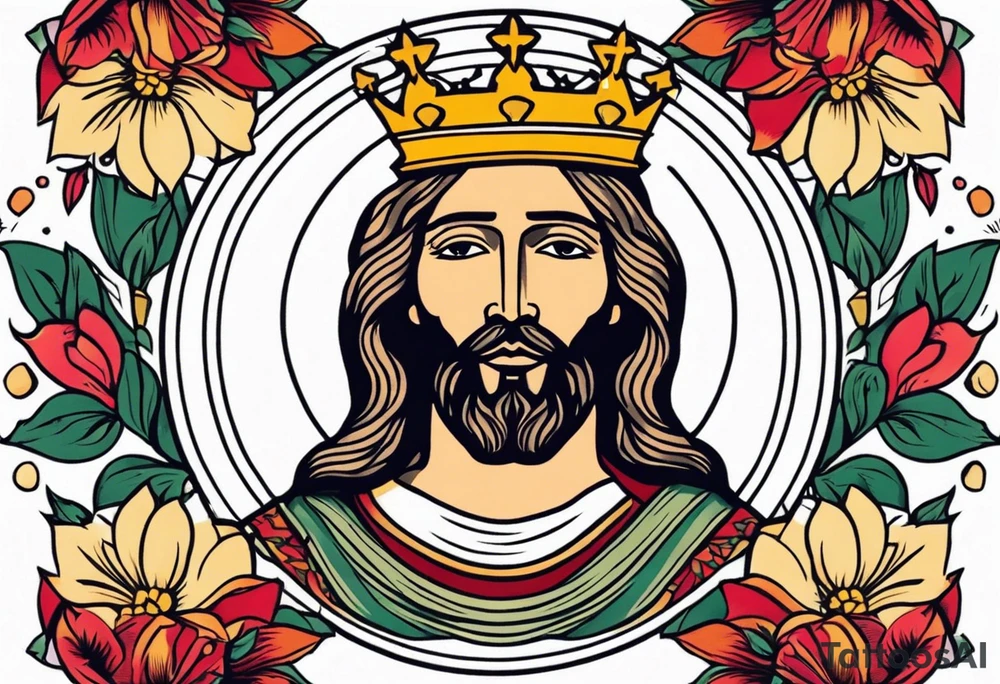 jesus with crown

old school vintage simple traditional design with vintage flowers surrounding
bold color simple tattoo idea