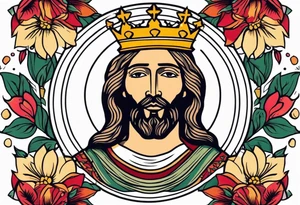 jesus with crown

old school vintage simple traditional design with vintage flowers surrounding
bold color simple tattoo idea