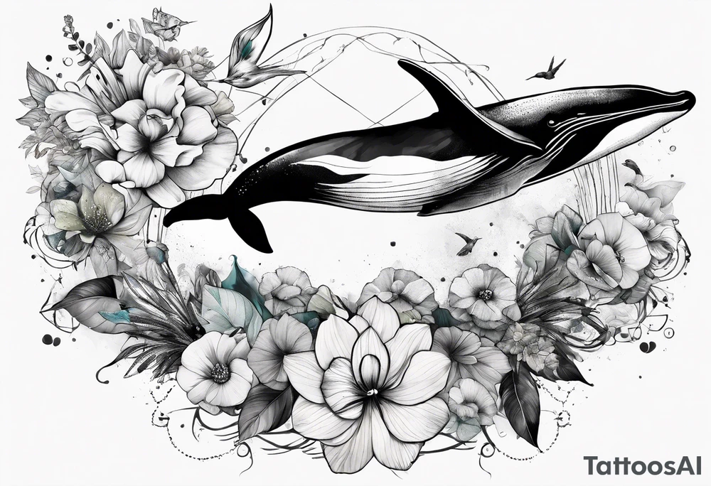 flowers, collage, whale and hummingbird trash polka tattoo idea