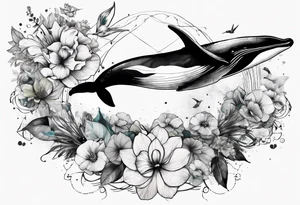 flowers, collage, whale and hummingbird trash polka tattoo idea