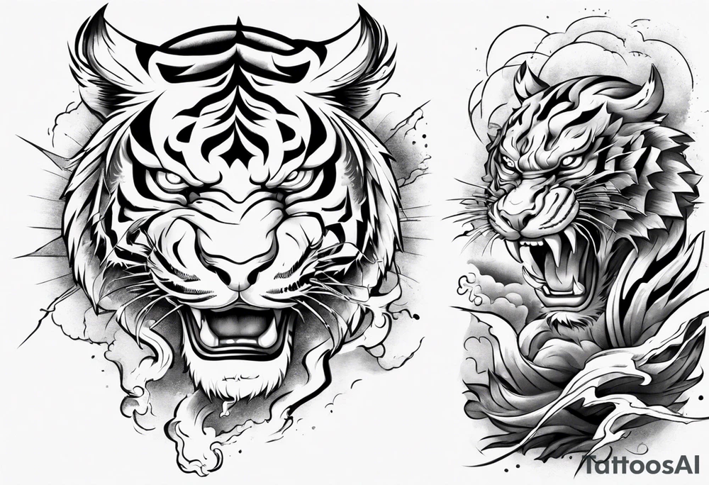 Tiger warrior with lightning and the sun for a forearm sleeve tattoo idea